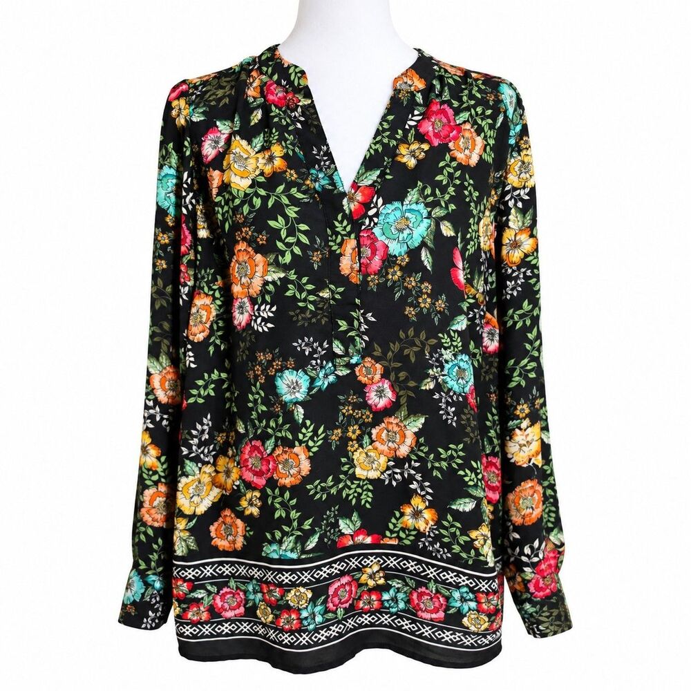 Women’s Large Black Floral Boho Tunic Blouse Long Sleeve Border Print